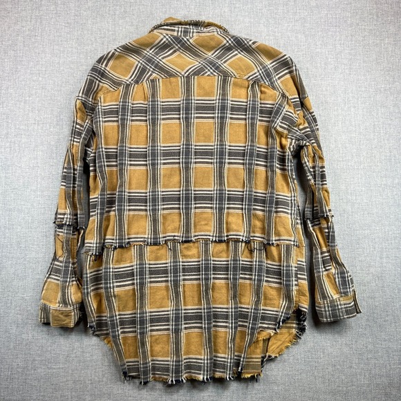 Oli & Hali Distressed Longline Flannel Shirt Women S Yellow Gray Plaid Grunge - Picture 5 of 10